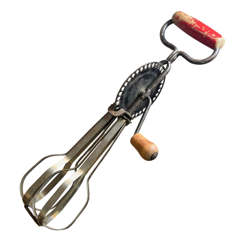 Edlund Co Hand Crank Egg Beater Red Wood Handle Stainless Mixer USA Antique 1930